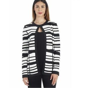 St. John Striped Santana Knit Wool Cardigan in Black/White Size 14